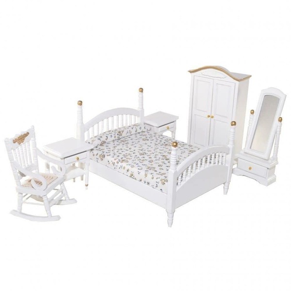 Dollhouse 1:12 Double Bedroom Furniture Set with Spindle Frame White