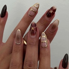MISUD Press on Nails Almond Medium Fake Nails Glossy Glue on Nails Fall Brown Flower Acrylic Nails Stiletto Artificial Nails Gold Chrome Stick on False Nails with Design 24 pcs