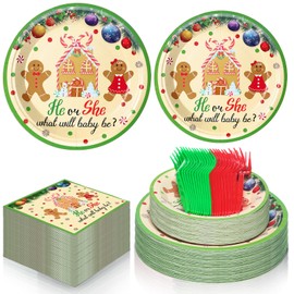 Havawish 96 Pcs Gender Reveal 48 Paper Plates 24 Napkins 24 Forks Baby Shower Party Supplies Tableware Set Disposable Napkins Forks for 24 Guest (Yellow,Gingerbread)