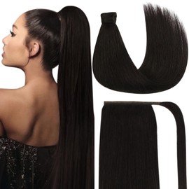 Sunny Hair Ponytail Extension Human Hair Wrap Around Ponytail Extension Straight Pony Tails Hair Extensions Clip in Ponytail Hair Extensions for Women 80G Dark Brown 20inch