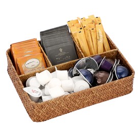 Hipiwe Tea Bag Sugar Packet Holder Woven Seagrass Storage Basket 4 Sections Wicker Pantry Organizer Hand-Woven Divided Basket Coffee Condiment Organizer for Drawer Shelf Countertop Caramel