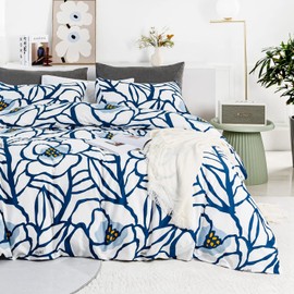 YuHeGuoJi Blue Floral Duvet Cover King 100% Cotton Abstract Flower Duvet Cover 3 Pcs Set 1 Neutral Graffiti Botanical Duvet Cover with Zipper Ties 2 Pillowcases White Plant Print Bedding Set Soft