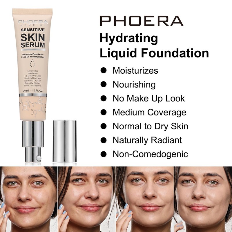 PHOERA Hydrating Serum Foundation,Makeup Base Foundation Hypoallergenic and Flawless Full