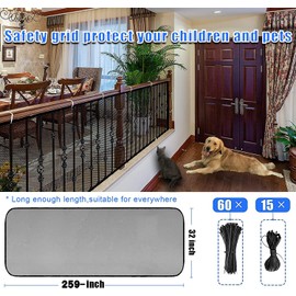 JIFTOK Baby Gate for Stairs, Banister Guard for Kids, Pets, Toys, 21.6ft L x 2.66 ft H, Mesh Netting Safety Net for Balcony Rail Stair, Stairway Net Baby Safety Products for Indoor & Outdoor (Black)