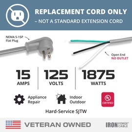 Iron Forge Cable Flat Plug 12 Gauge Power Cord Replacement - 15ft,15 Amp Gray Heavy Duty, 12/3 SJT 3 Prong Cable for Appliances & Power Tools