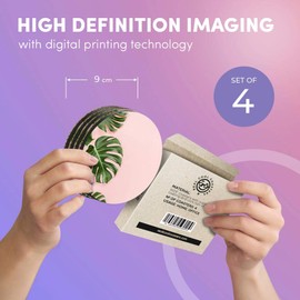 Destination Vinyl ltd Great Coasters (Set of 4) Round in Box - Pink Palm Tree Leaves Tropical/Tabletop Protection for Any Table Type #14338