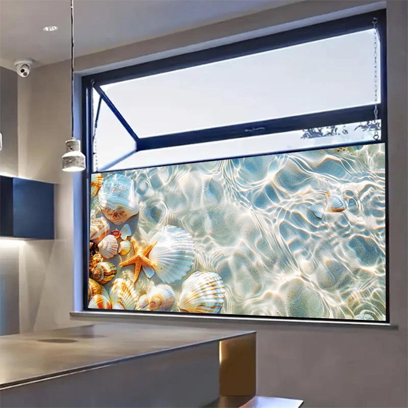 HOMETITUTE Seaside Shell Starfish Scene Window Cling 39.3x17.7 Inch PVC