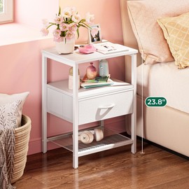 Huuger Huuger Nightstand Set of 2, Night Stand with Fabric Drawer, Mesh Shelf, Side Table with Storage, Fabric Drawer Dresser, Open Shelf, Metal Frame, Bedroom, White
