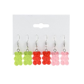 3Pairs Gummy Bear Earrings, Lovely Candy Color Translucent Jelly Bear Dangle Earrings for Women Cute Trendy Jewelry-green red pink
