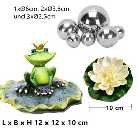 Super Idee Mini pond decoration set, frog on leaf, pond figure with 6 swimming balls and 2 floating lotus flower for mini pond, patio pond, zinc tubs, solar fountain, garden, balcony, ponds decoration