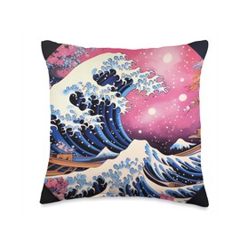 Wave Bloom Vibes Artistry Vibrant Colors Artistry Meets Japanese's Wave & Sakura Throw Pillow, 16x16, Multicolor