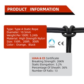 FUEMEILY UIAA Static Climbing Rope 10.5mm, 60M(200FT) Nylon Kernmantle Rappelling Rope for Survival Rescue Cord Rock Mountaineering Climbing Hauling