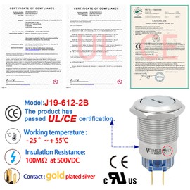 UL Listed 19MM Key Switch 2 Position DPDT 2NO 2NC Lock Rotary Stainless Steel with Keys Select Selector Latching Keylock Pull The Key on Both Sides
