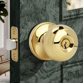 Moquin Gold Keyed Entry Door Knob with Lock and Key, Interior and Exterior Locking Flat Ball Knob for Front Door or Bedroom, Polished Brass