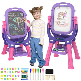 PUPPSITTY Easel for Kids, Adjustable Standing Rotatable Double Sided Toddlers Art Easel with Painting Accessories, Drawing Board Gift for Boys and Girls, Purple