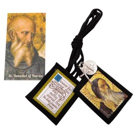 Westmon Works St Benedict Scapular and Holy Card Set Bulk Classroom Pack Bundle of Traditional Brown Felt Scapular and Prayer Saint Cards, Set of 12 of Each