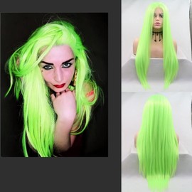 Fluorescent Green Drag Queen Fish ion Yellow Chalk Pen Synthetic Lace Wig 24"