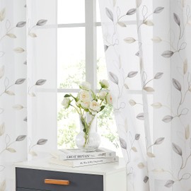 Bujasso Floral Sheer Curtains Gray and Beige Embroidered Farmhouse Light Filtering Window Treatment Set Silver Metallic Botanical Sheer Drapes 95 inch for Living Room Bedroom Grommet Top 38" Wx96 Lx2