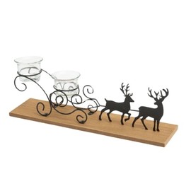 Gerson 13.5" Rustic Sleigh Tealight Holder with Reindeer Silhouettes and Glass Votives