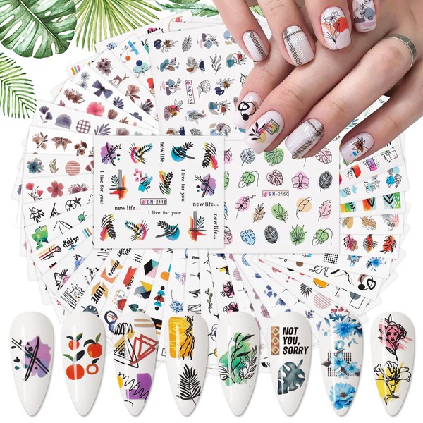 48Pcs Tropical Plant Water Transfer Nail Stickers Decals for Nails EBANKU Leaf Flower Graffiti Abstract Nail Art Sticker Design for Women Summer Nail Decorations