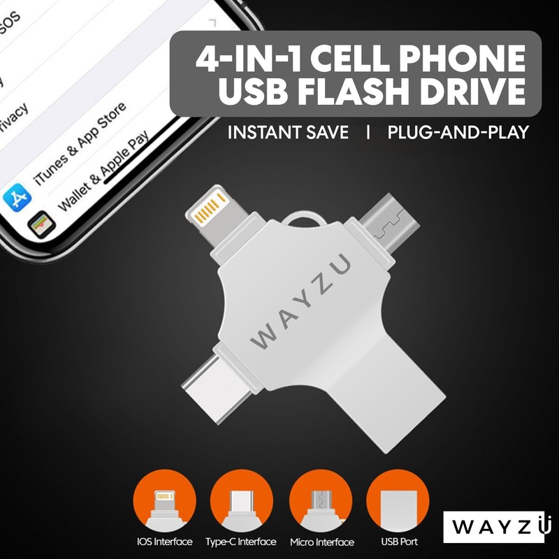 Wayzu 4-in-1 USB Flash Drive, Multi-Device Compatible, Type-C/Lightning/Micro-USB/USB-A, Portable Storage