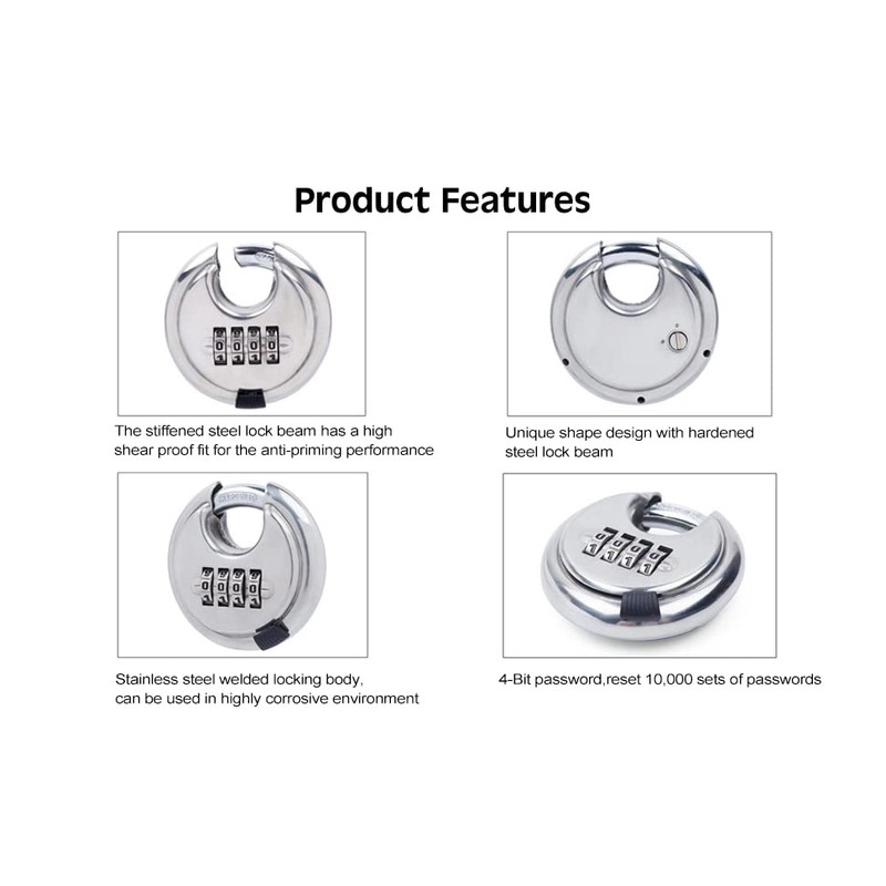 10 Pack Stainless Steel Discus Padlock 4 Digit (3inch) Combination