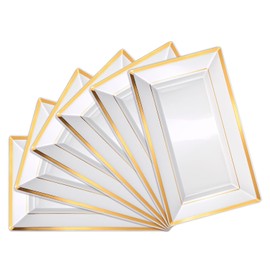 QWORK® Pack of 6 White Serving Plates with Gold Rim, 30 x 22 cm, Plastic, Ideal for Pool Party, Birthday, Banquet, Wedding