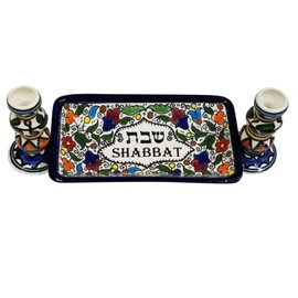 Bethlehem Gifts TM Shabbat Candlesticks, Jewish Candlesticks for Shabbath Armenian Ceramics Flowers Design