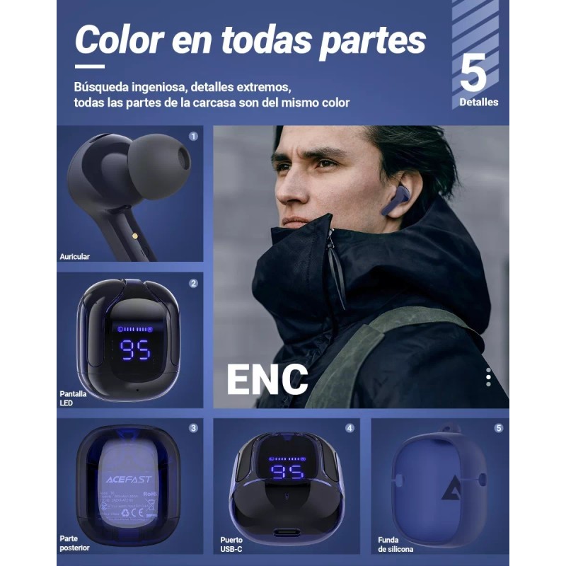 Acefast Audifonos Inalámbricos Pantalla Digital Reducción Ruido Ipx4 Color Azul
