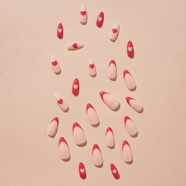 Press on Nails Almond Medium Red 24Pcs French Tips Glossy Full Cover Acrylic False Nails with Heart Designs Glue on Nails Artificial Valentine's Day Fake Nails Stick on Nails for Women Girls