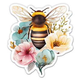 Pretty Floral Honey Bee Sticker - 5" Laptop Sticker - Waterproof Vinyl for Car, Phone, Water Bottle - Art Watercolor Decal