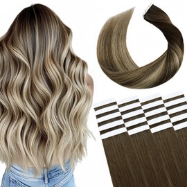 Tape in Hair Extensions Human Hair Utra Thin Invisible Seamless 20pcs 40g (Ombre Medium Brown to Honey Blonde, 14 inch)