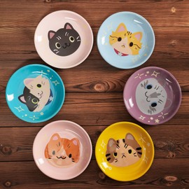 Pawdoer Ceramic Shallow Cat Dish 6 inch, Whisker Fatigue Free Cat Food Bowls, Wide and Small Pet Plate for Kitten and Kitty, Cat Design Gift for Cat Lovers