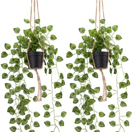 Kepfire 2 Pack Fake Hanging Plants with Pot Natural Greenery Artificial Hanging Ivy Vine Plant for Wall Shelf Bedroom Living Room Wedding Indoor Outdoor Decoration