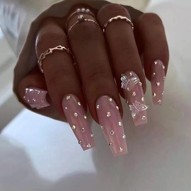 Long Press on Nails Coffin Shape Fake Nails Pink False Nails 3D Charm Butterfly Stick on Nails Bling Rhinestone Designs Glue on Nails Full Cover Glossy Acrylic Artificial Nails for Women 24Pcs