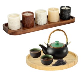 Wood Candle Holder Tray Set, Long Tray and Round Candle Plate, Rustic Farmhouse Decorative Centerpiece for Coffee Table, Dining Table, Kitchen, Living Room, 2 Pack