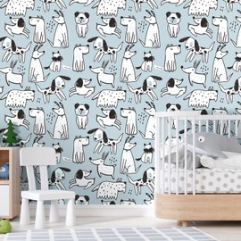CRE8TIVE Blue White Dog Peel and Stick Wallpaper 24"x118" Cute Puppy Animal Wallpaper for Nursery Self Adhesive Blue Contact Paper Waterproof Removable Stick on Wall Paper for Kids Room Cabinets Walls