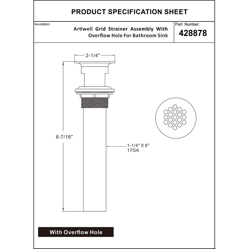 Artiwell Grid Drain Strainer Assembly With Overflow for Bathroom Sink,