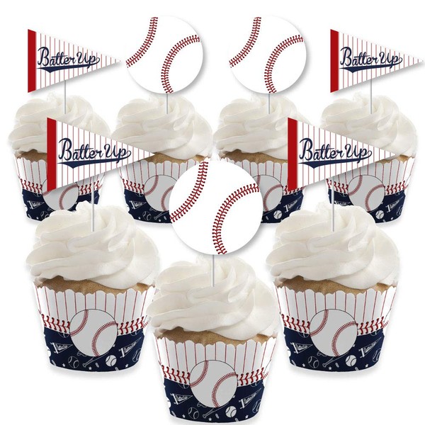 Batter Up – Baseball – Decoración de cupcakes – Baby Shower o fiesta de cumpleaños Cupcake Wrappers and Treat Picks Kit – Juego de 24
