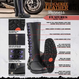 Milwaukee Leather Women's Black 14-inch Leather Harness Motorcycle Boots with Purple Accent Lacing MBL9366-6.5