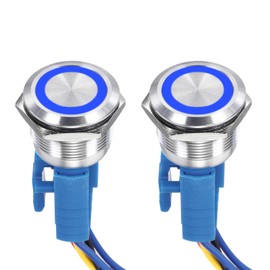 DMiotech 2 Pack 7/8 Inch Stainless Steel Momentary Push Button Switch Flat Head 5A 110-220V Silver Shell with Cable Socket Blue LED 1NO1NC for Car Boat Systems Custom Setups