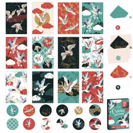 Decorably Notecards with Envelopes & Stickers - 24 Pack Crane Note Cards with Envelopes & Stickers, 12 Designs Blank Inside Crane Notecards Envelopes Set, 6x4in Blank Card with Birds