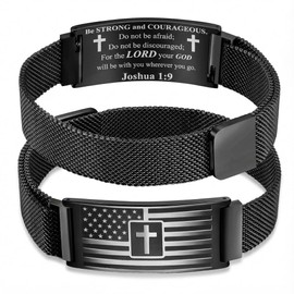 RINHOO American Flag Christian Cross Bracelets For Men Engraved Bible Verse Bracelets Stainless Steel Christmas Stocking Stuffers Jewelry (Black-Joshua 1:9)