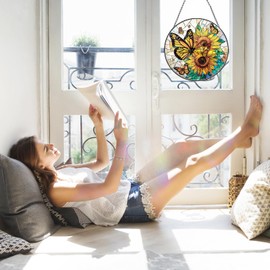 Stained Glass Window Hanging – Double-Sided Glass Sun Catcher with Chain – Memorial Window Art Panel for Home Décor, Spiritual Comfort, and All-Occasion Gifting