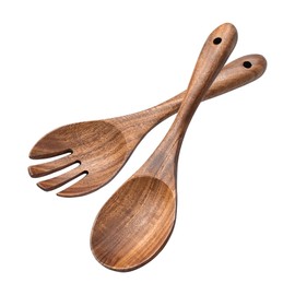 muso wood Salad Servers Wood 2-Piece 30.5 cm Salad Set Acacia Wood Salad Fork and Salad Spoon Wooden Cutlery Kitchen Aid Long Handle Spoon Fork