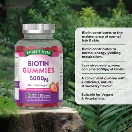 Nature's Truth Biotin 5000ug - 60 Vegan Gummies - Skin & Hair Support - Natural Strawberry Flavour