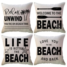 ULOVE LOVE YOURSELF - Fundas de cojín para playa costera, palmeras tropicales de doble cara, ancla, estrellas de mar, verano, playa, casa, decoración, 4 unidades, porche, decoración de patio (negro)