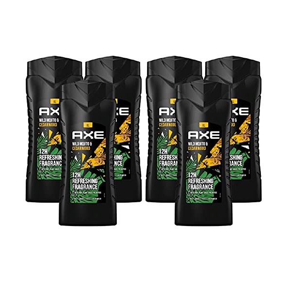 AXE 3-in-1 Shower Gel & Shampoo Wild Mojito & Cedarwood XL, Men's Shower Gel 6 x 400 ml, Dermatologically Tested, Intensive Care for Men, Face Body Hair Wash (6 Products)