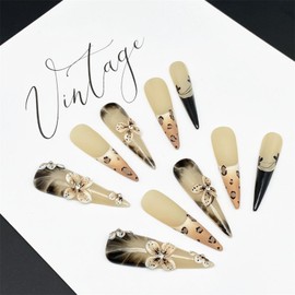 Extra Long Press on Nails Stiletto Leopard French Tip Fake Nails with Designs Handmade 3D Flower Acrylic False Nail (Leopard French, M)