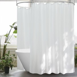 Extra Wide Shower Curtain, 300 x 200 cm, Textile Fabric, White, 300 cm Wide, Anti-Mould, Waterproof Bath Curtain for Bathroom, Extra-Large, Washable, Quick-Drying Shower Curtain with 20 Rings